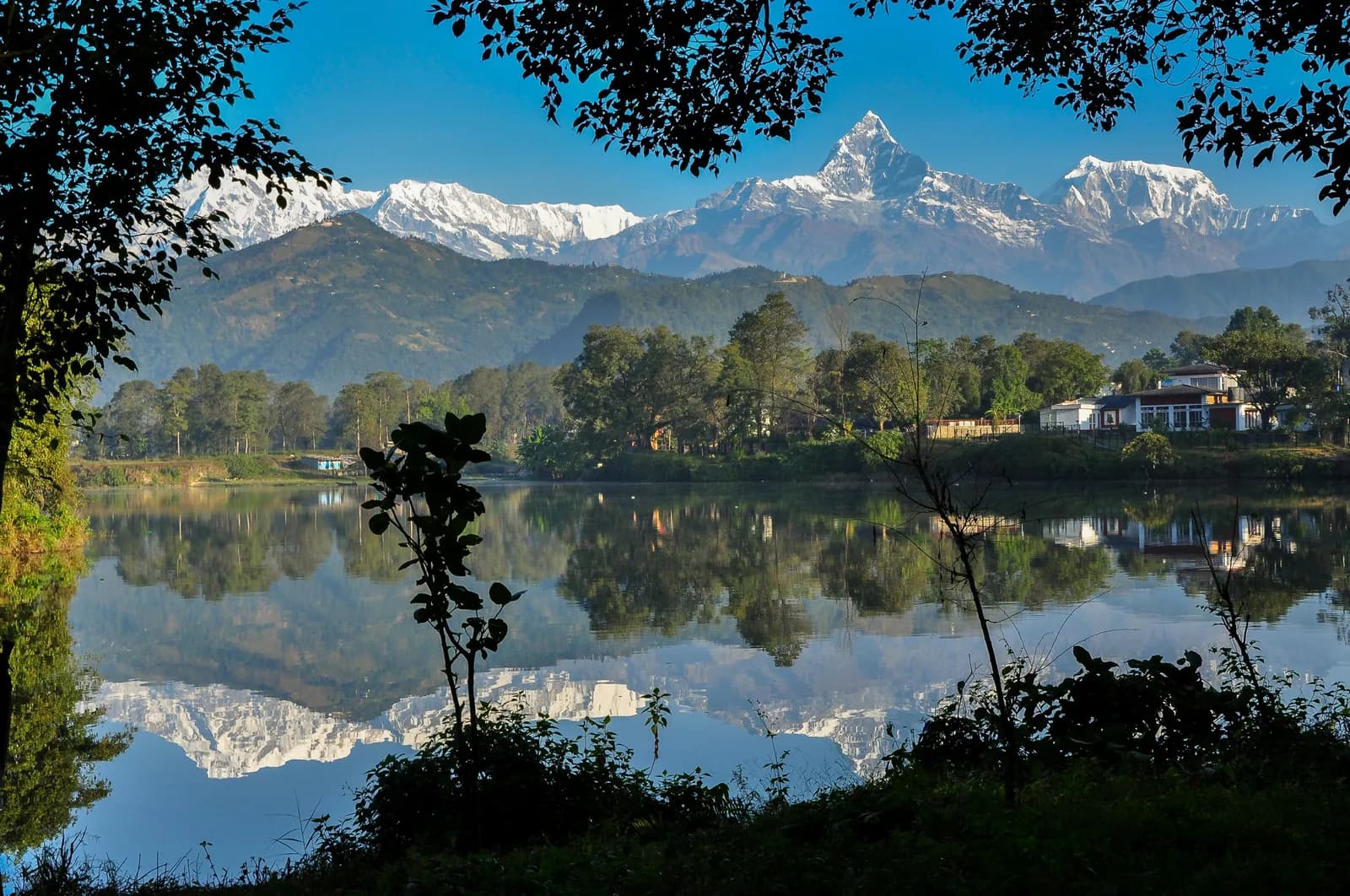 The Annapurna range reflected in Phewa Lake, Pokhara, Nepal